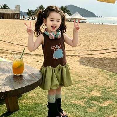 女童连衣裙2026新款夏季儿童时尚复古宽松印花拼接背心裙宝宝裙子