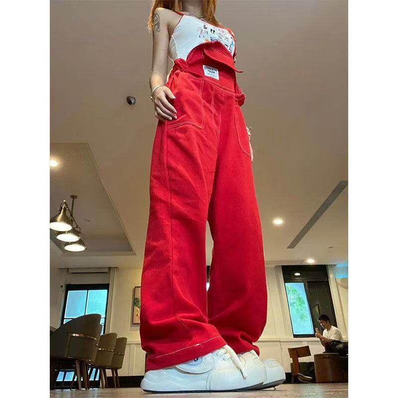 美式复古红色牛仔背带裤女夏季小牛仔裤