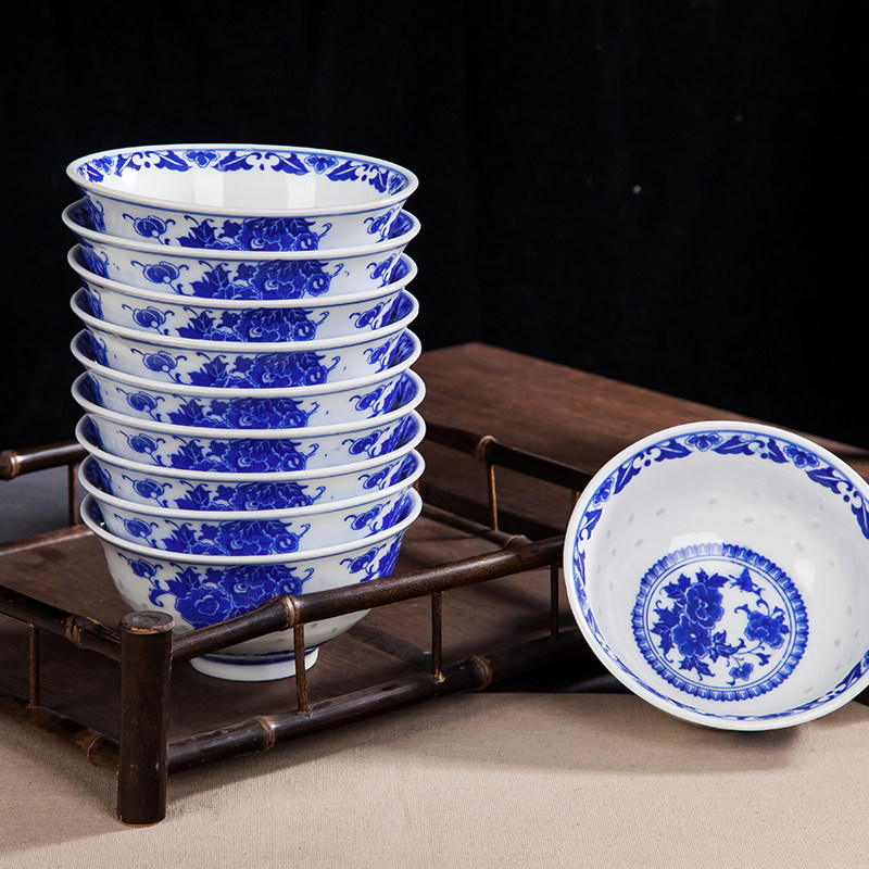 特价10个碗景德镇家用青花瓷碗釉下彩5英寸米饭碗中式风 创意餐具