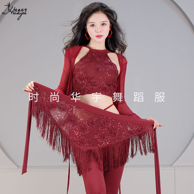 肚皮舞新款亮片流苏腰链个性立体花瓣东方舞蹈练功服百搭臀巾腰搭
