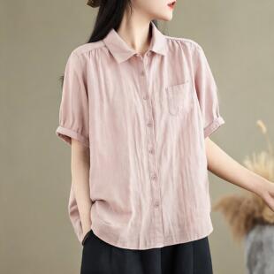 棉麻短袖衬衫女夏季新款2026年休闲宽松大码中年衬衣女士亚麻上衣