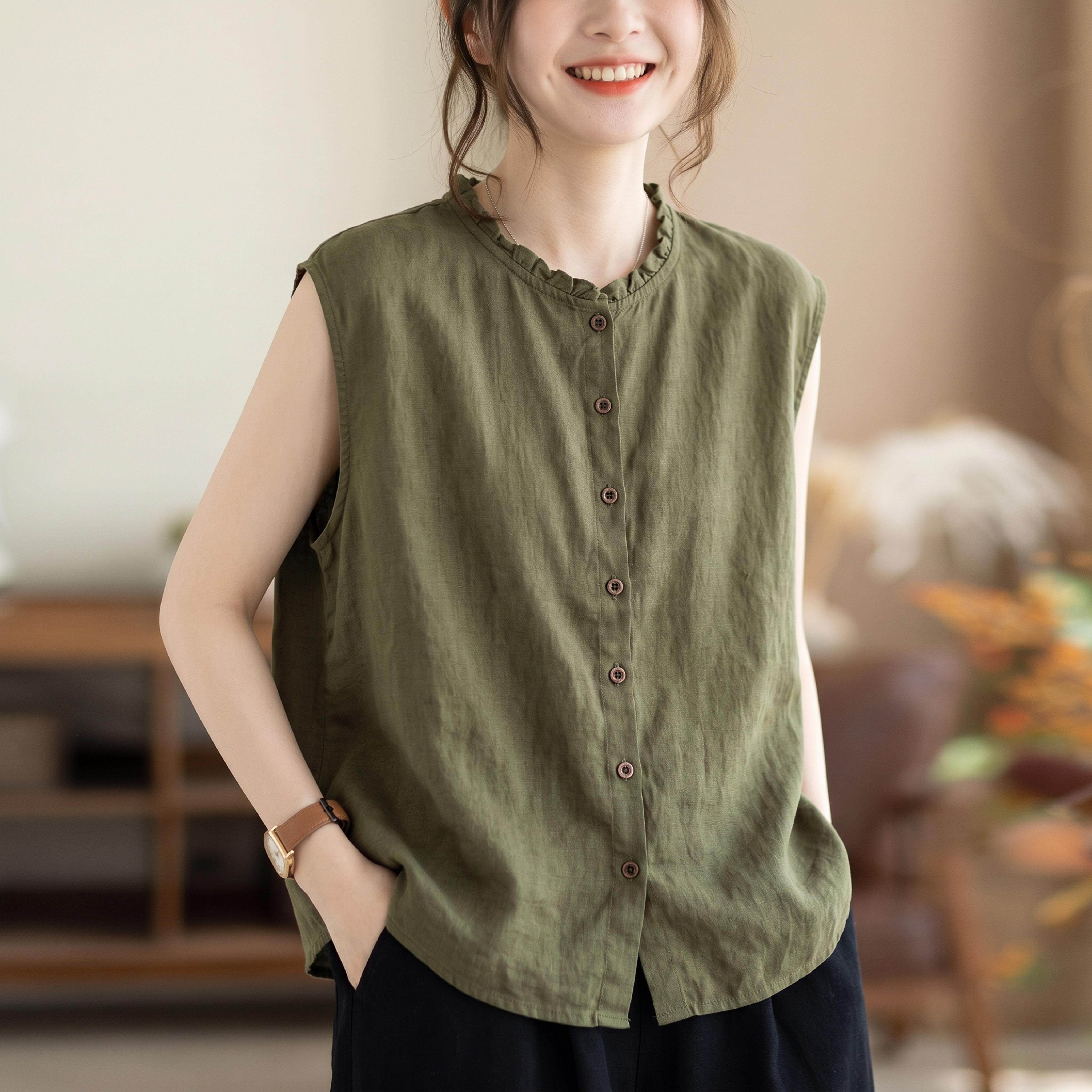 夏季薄款棉麻无袖木耳边女开衫图片
