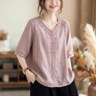 棉麻复古刺绣中袖衬衫女士夏季新款宽松大码绣花文艺衬衣小衫上衣