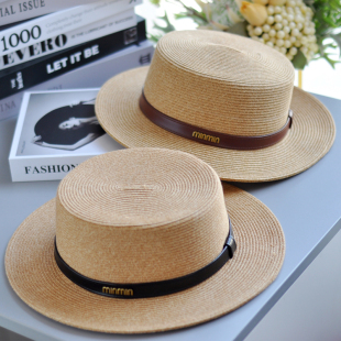 时尚 平顶草帽遮阳帽女春夏天海边度假沙滩帽防晒太阳帽礼帽 法式