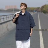 日系休闲潮基础衬衫短袖百搭大口袋宽松复古夏通勤衬衣C231P45，男装衬衫，星座218-1（原230）