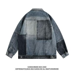 W005P68春秋高级感撞色水洗做旧牛仔外套潮牌美式hiphop休闲宽松图片