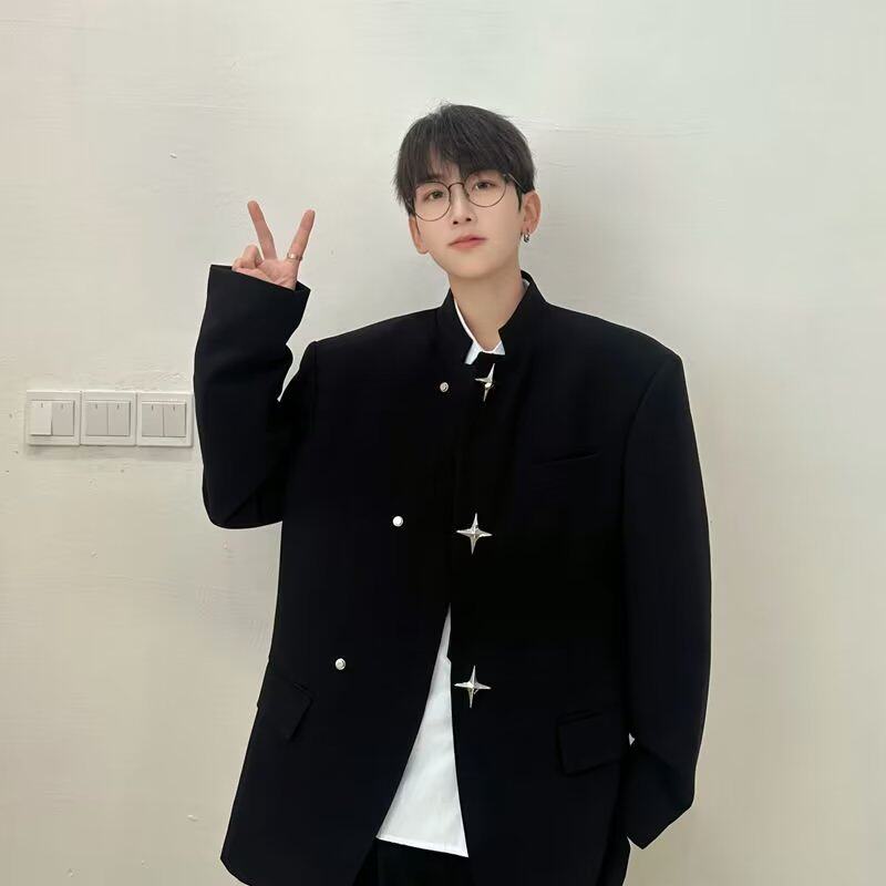 W126P75高级感痞帅西装外套套装设计感金属扣垫肩西服男制服中山,男装西服,星座218-1（原230）