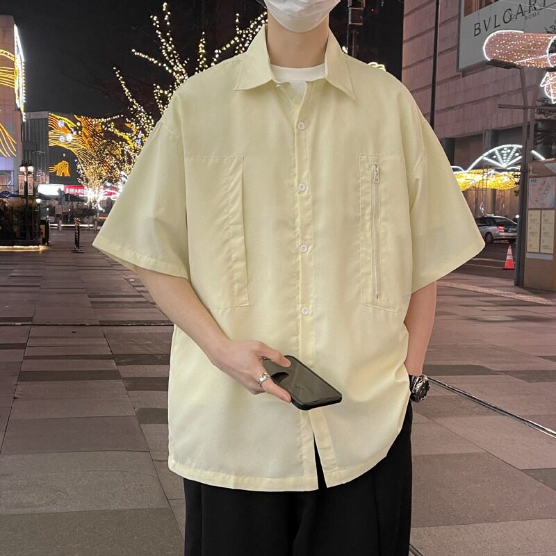 时尚纯色短袖衬衫男士夏季新款宽松简约透气衬百搭上衣CS2239P45,男装衬衫,星座218-1（原230）