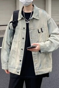 8586P65水洗黄泥牛仔外套男春秋美式复古hiphop西海岸十字架工装图片