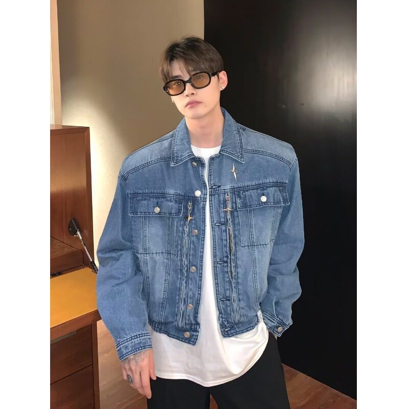JK59P85秋季新款设计感小众金属垫肩短款牛仔外套男高级感痞帅牛,男装夹克,星座218-1（原230）