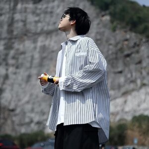 338P35潮流春季简约方领男长袖衬衫原宿气质青春流行潮标准条纹新图片