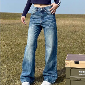 K2029P50复古蓝高腰牛仔裤男女秋冬季2024年新款直筒拖地阔腿窄潮图片