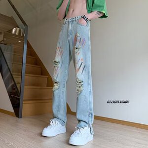 NZ885P60涂鸦破洞牛仔裤男夏季设计感小众拉链裤子高街vibe美式嘻图片