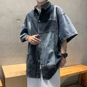 C01P55美式撞色拼接情侣款牛仔短袖衬衫男女夏季ins宽松高级感痞图片