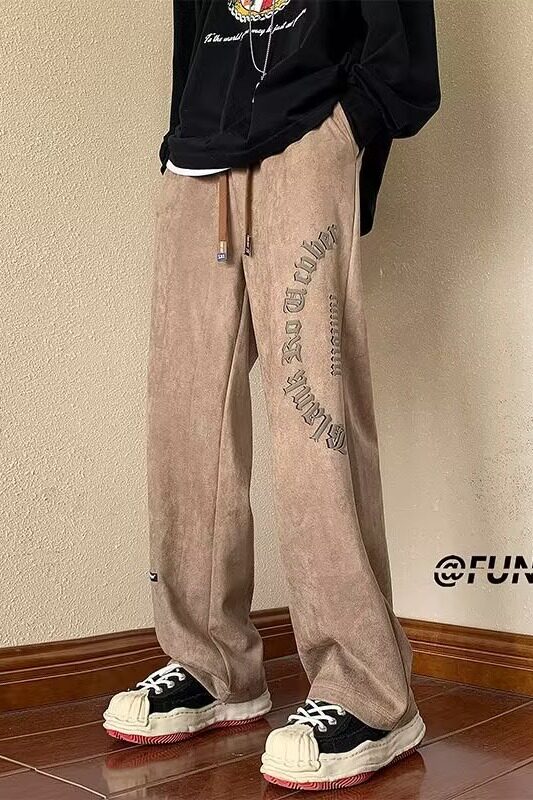 K31P35美式复古高街裤子男秋冬ins潮牌麂皮绒休闲裤宽松阔腿直筒,男装休闲裤,星座218-1（原230）