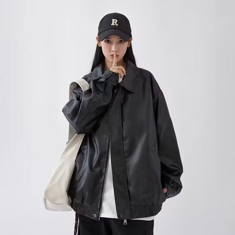 C2003P85秋季新款PU皮纯色嘻哈外套上衣ins美式复古机车风克帅气,男装皮衣,星座218-1（原230）