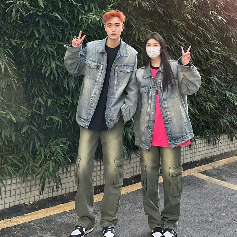 3133P65美式休闲情侣装水洗垫肩牛仔外套男女春秋韩版bf宽松复古图片