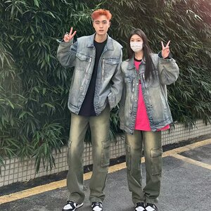 3133P65美式休闲情侣装水洗垫肩牛仔外套男女春秋韩版bf宽松复古图片