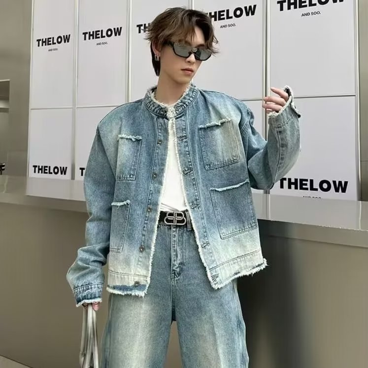 W03P65式复古水洗牛仔外套男款秋季设计感渐变立领夹克发型师潮牌,男装夹克,星座218-1（原230）