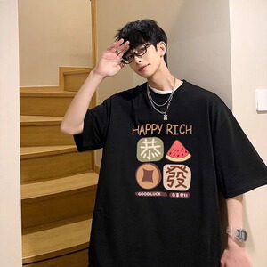 夏季纯棉港风短袖T恤男百搭ins学生印花宽松潮流五上衣潮T325P25