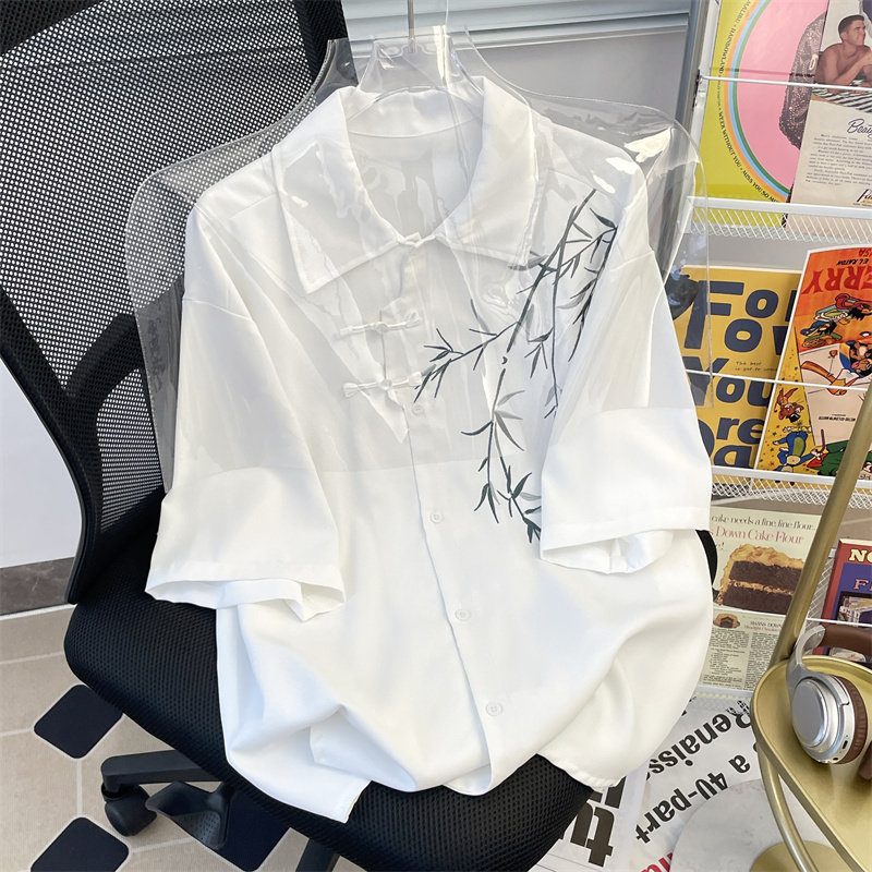 潮新中式短袖衬衫男装2024年新款小众风刺绣盘扣袖衬衣C76P45,男装衬衫,星座218-1（原230）