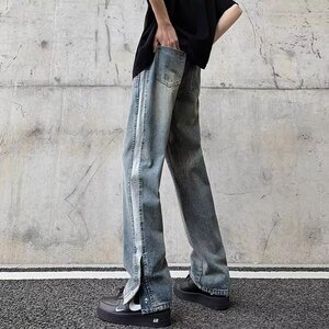 K8528P55美式高街vibe复古水洗潮牌男生休闲裤脚排扣开叉长裤子图片