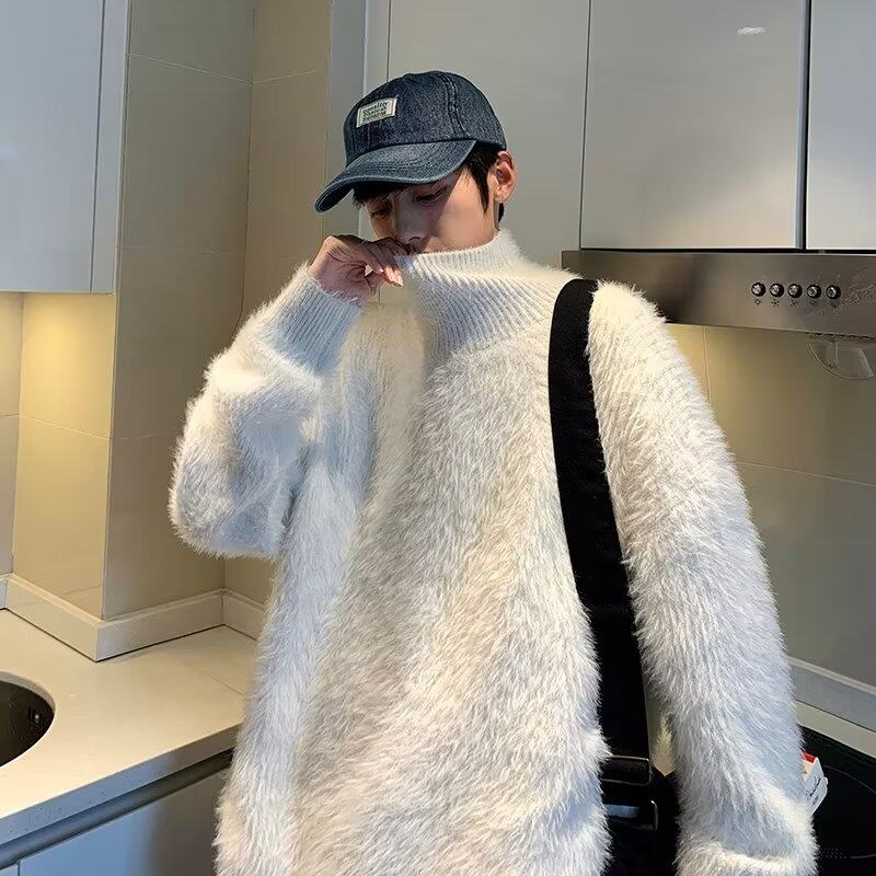 M87P65半高领毛衣男秋冬加厚宽松慵懒ins港风休闲内搭针织衫个性图片