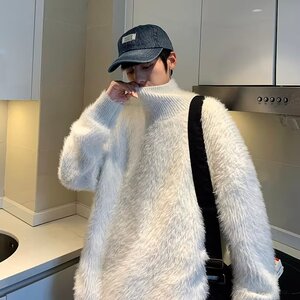 M87P65半高领毛衣男秋冬加厚宽松慵懒ins港风休闲内搭针织衫个性图片