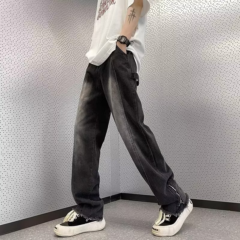 NZ557P55牛仔裤男美式复古欧美高街vibe宽松港风拉链开叉微图片