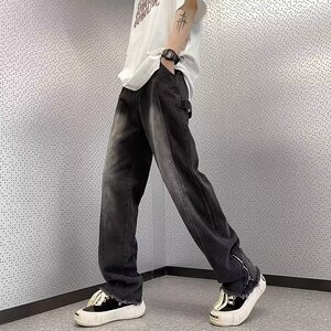 NZ557P55牛仔裤男美式复古欧美高街vibe宽松港风拉链开叉微图片