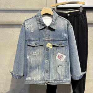 H32P85美式高街复古做旧破洞设计牛仔外套男士秋季潮牌宽松工装图片
