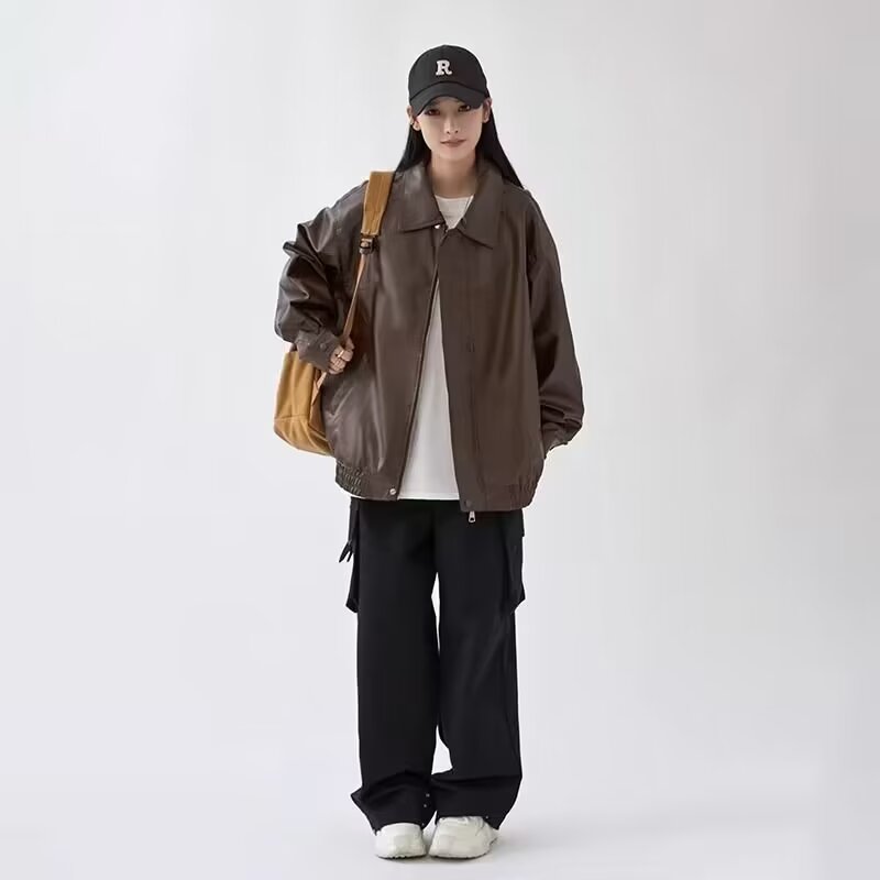 C2003P85秋季新款PU皮纯色嘻哈外套上衣ins美式复古机车风克帅气,男装皮衣,星座218-1（原230）