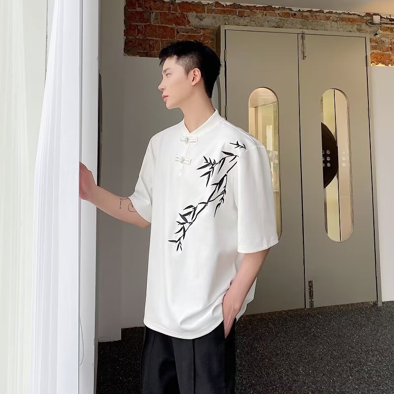 新中式风竹子重磅短袖t恤男潮牌白色宽松大码体恤夏季CT331P40,男装T恤,星座218-1（原230）
