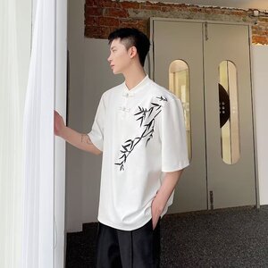 新中式风竹子重磅短袖t恤男潮牌白色宽松大码体恤夏季CT331P40图片
