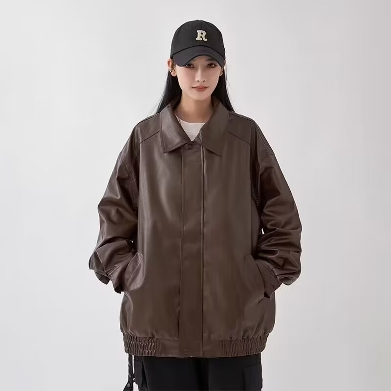 C2003P85秋季新款PU皮纯色嘻哈外套上衣ins美式复古机车风克帅气,男装皮衣,星座218-1（原230）