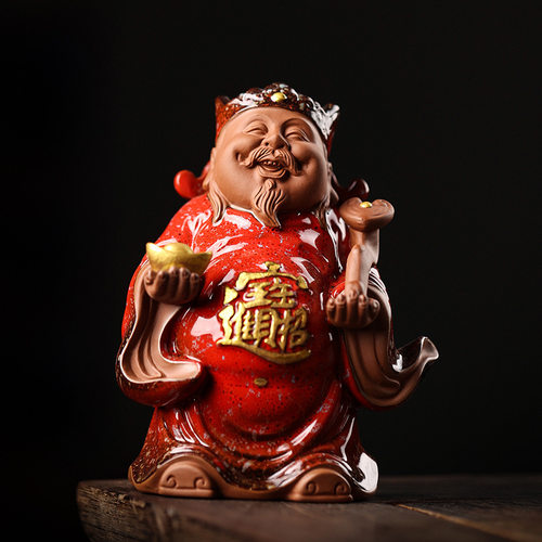 财神爷创意陶瓷桌面小摆件紫砂工艺品招财店铺柜台装饰茶宠小礼品