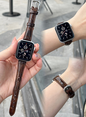 适用苹果手表带Apple watchS11细款竹节纹牛皮iwatch987se246百搭