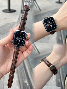 适用苹果手表带Apple watchS11细款竹节纹牛皮iwatch987se246百搭