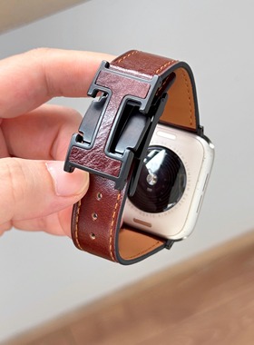 适用苹果手表带AppleWatchS11复古真皮爆裂纹H磁吸扣iwatch98SE46