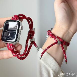 适用苹果手表带apple watch11细款透气M扣抽绳编织iwatchSE女FIT4