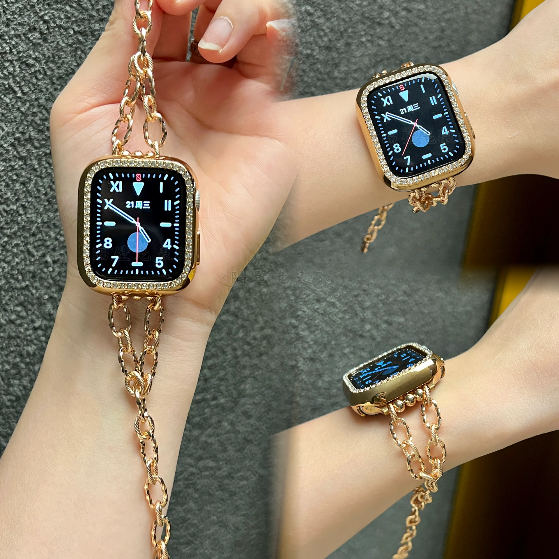 适用苹果手表带Applewatch98金属潘细链条手链款iwatch7se6简约夏