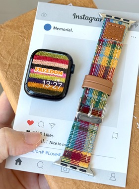 适用苹果手表iwatchS11表带毛绒真皮格纹女apple watch9876SE秋冬