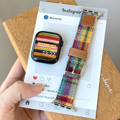 适用iwatchS11表带毛绒真皮格纹