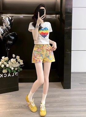 美式复古高腰涂鸦黄色牛仔短裤女夏季阔腿宽松直筒印花多巴胺短裤