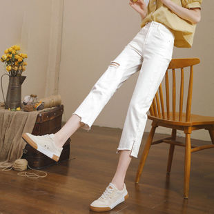 白色显瘦八分九分开叉直筒裤 新款 潮 女宽松2025夏季 破洞高腰牛仔裤