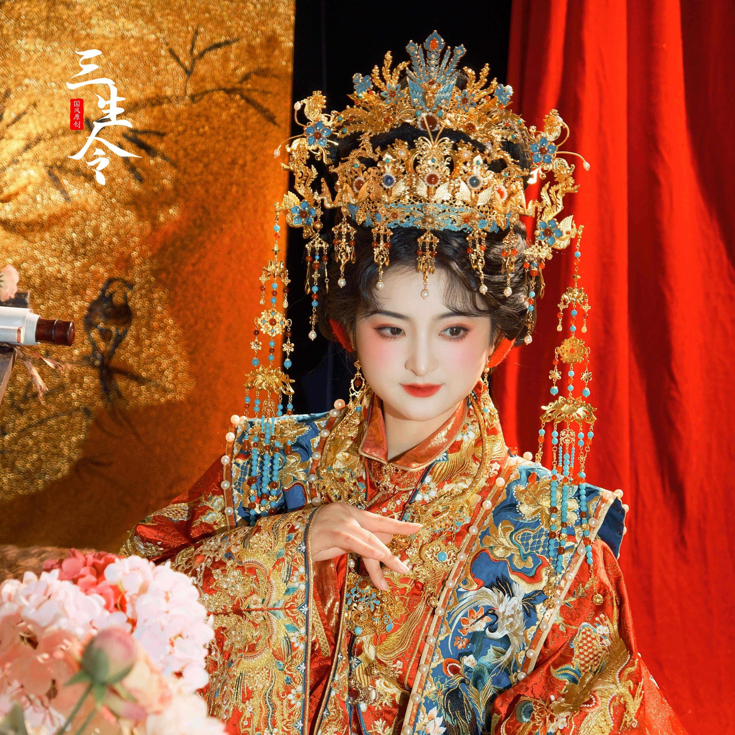 三生令【凤鸣】凤冠明制唐风婚礼金色古风婚嫁新娘饰红色华丽头冠