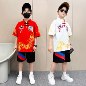 复古中国风童装8-9岁汉服儿童短袖5纯棉6夏季7胖男童套装国潮唐装