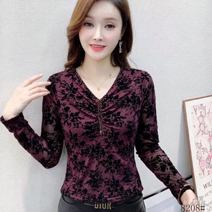 女士修身V领蕾丝打底衫春秋中年植绒网纱长袖洋气妈妈装内搭小衫