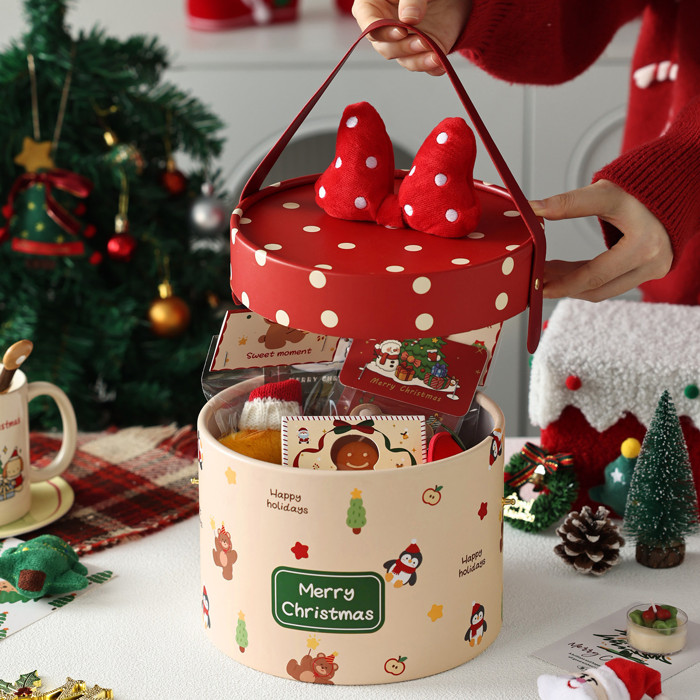 圣诞礼盒空盒礼物品袋平安夜苹果包装蝴蝶结抱抱桶节手提糖果零食