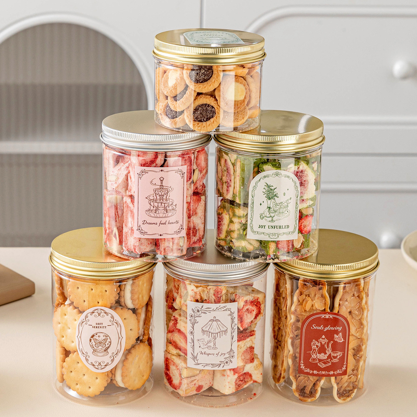 饼干盒密封罐子雪花酥溶豆包装烘焙曲奇食品级塑料太妃糖果空贴纸